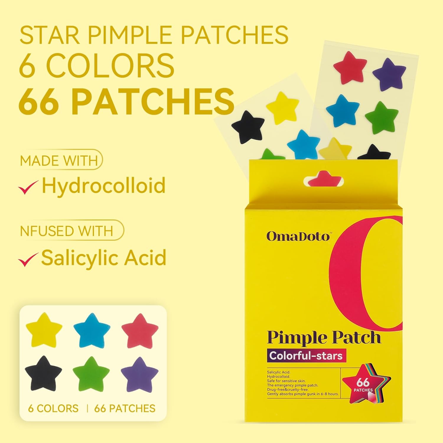 BLACK FRIDAY DEALS UP TO 50%!Star Pimple Patches for Face - 6 Colors 66Pcs (14mm) Hydrocolloid - OmaCare