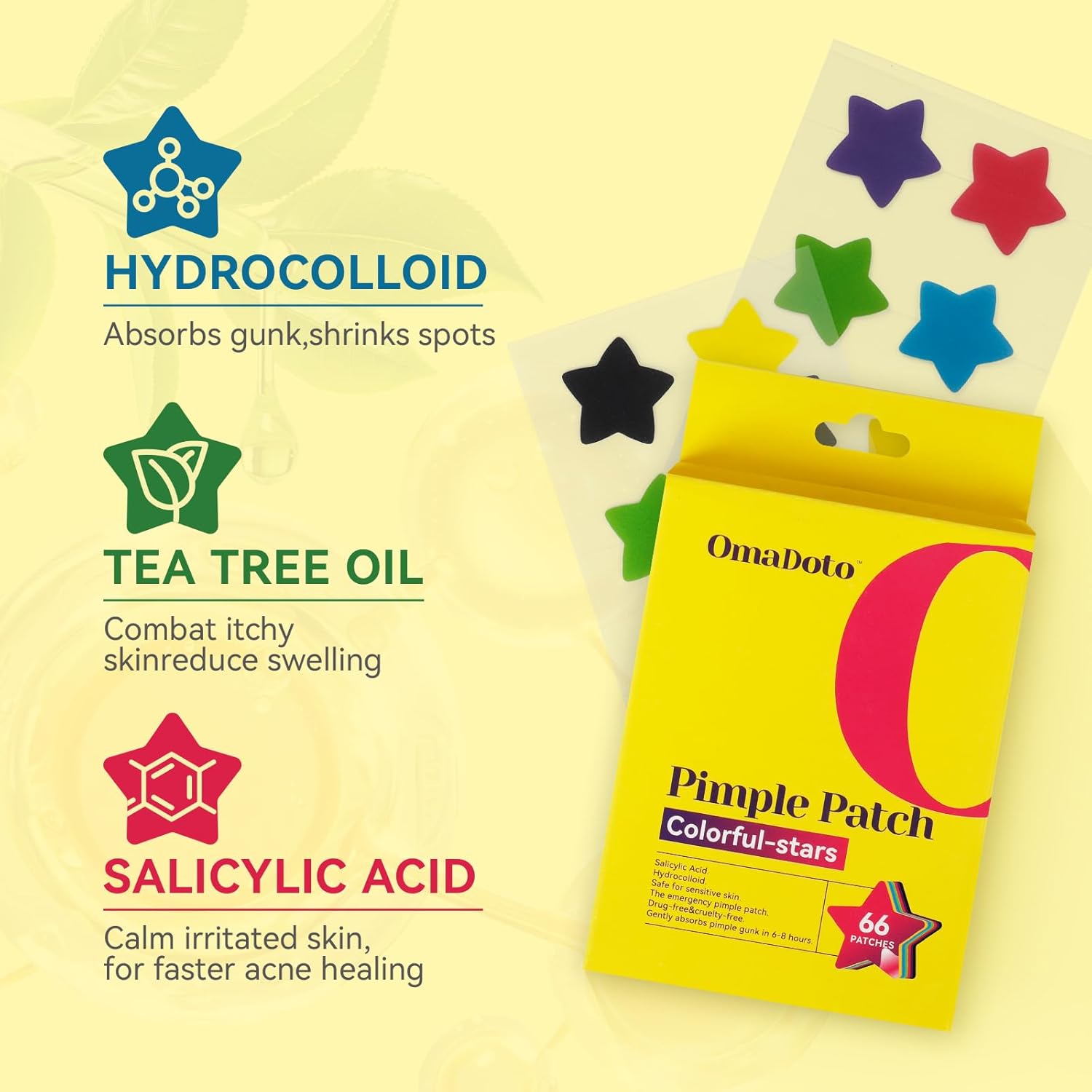 BLACK FRIDAY DEALS UP TO 50%!Star Pimple Patches for Face - 6 Colors 66Pcs (14mm) Hydrocolloid - OmaCare