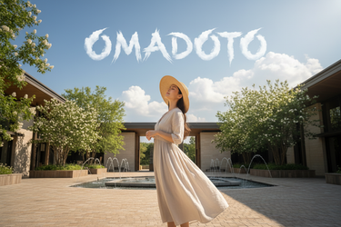 阳光下一位少女头戴帽子，在微风中迎着风站在广场上享受着皮肤与自然和友好相处，天空在云朵映出omadoto的logo样子